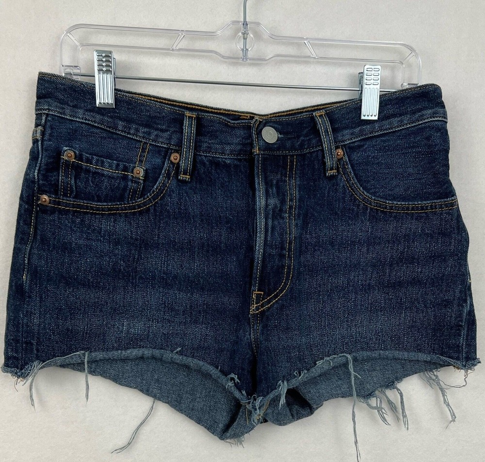 Levis 501 Womens Button-Fly Cut-Off Dark Denim Jean Shorts Size 28 Measured 30
